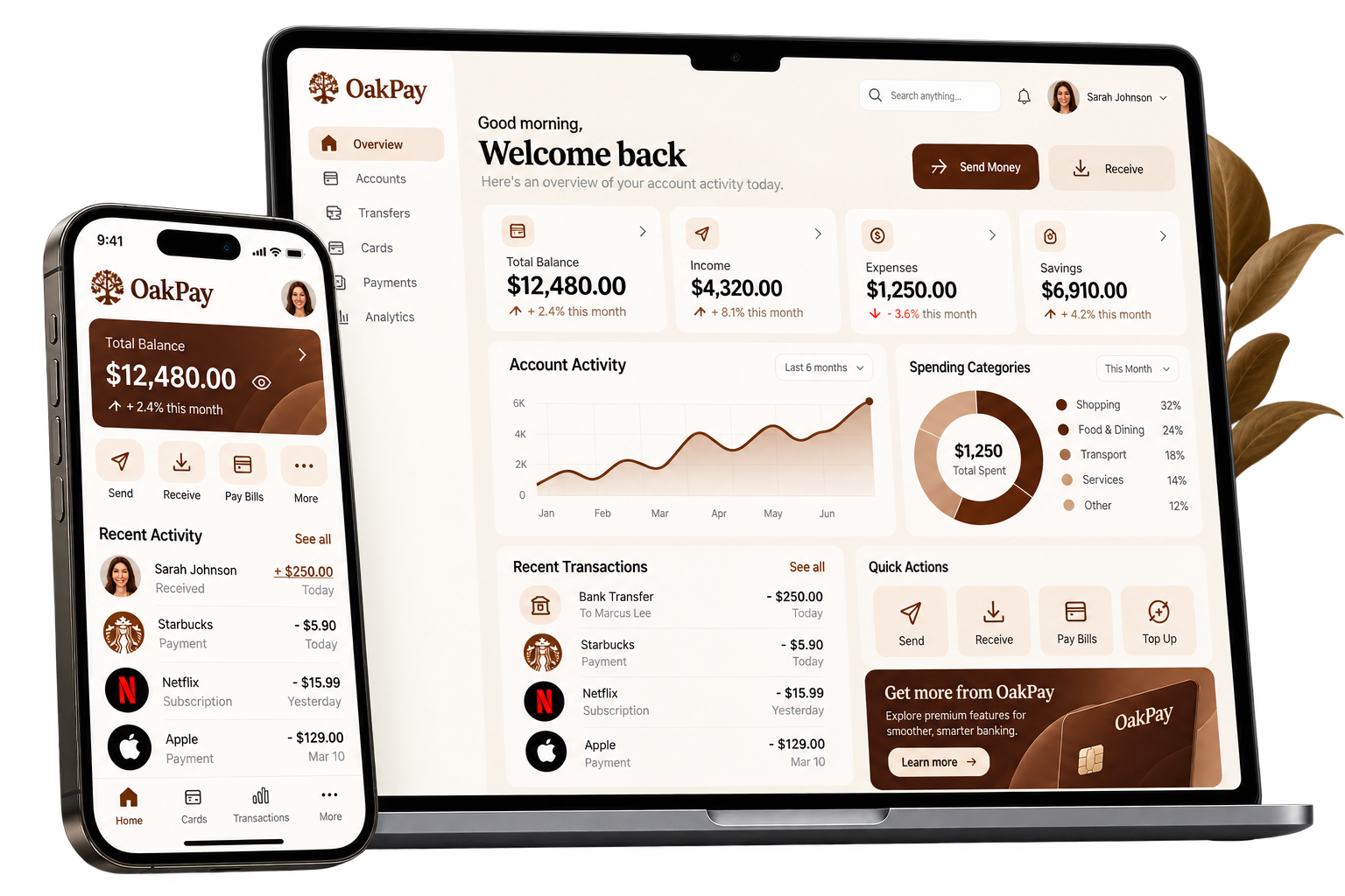 OakPay account dashboard with balances, activity, and payment controls