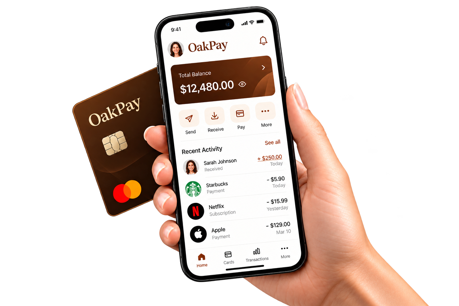 OakPay mobile banking app and payment card